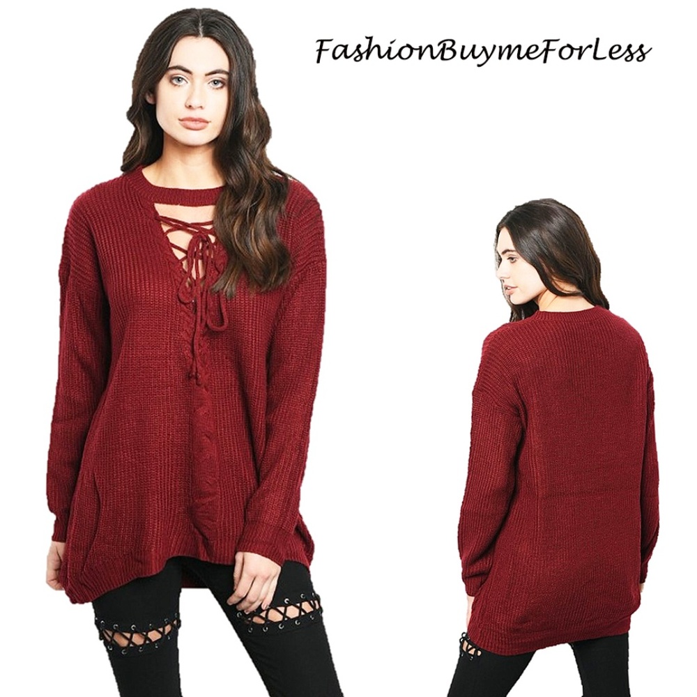 Red Lace Up Criss Cross Tie Eyelet Sweater Top